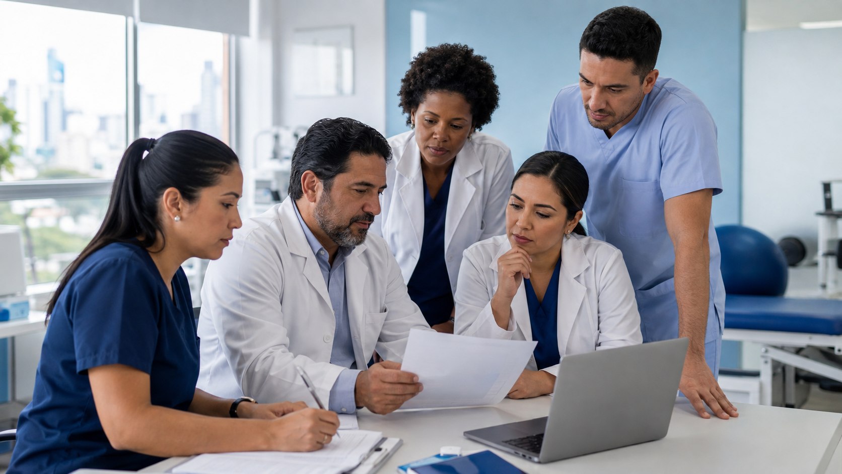 Equipo clínico multidisciplinario revisando un plan de atención