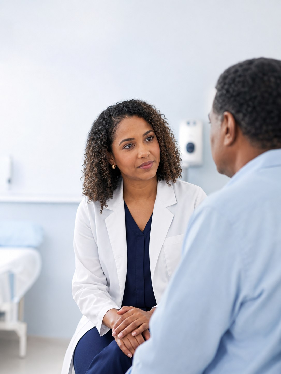 Doctora conversando atentamente con un paciente